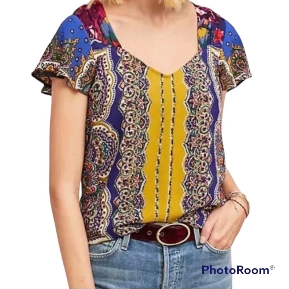 Moulinette Sours by Anthropologie 
Short Sleeve Scarf print Kaleidoscope Blouse